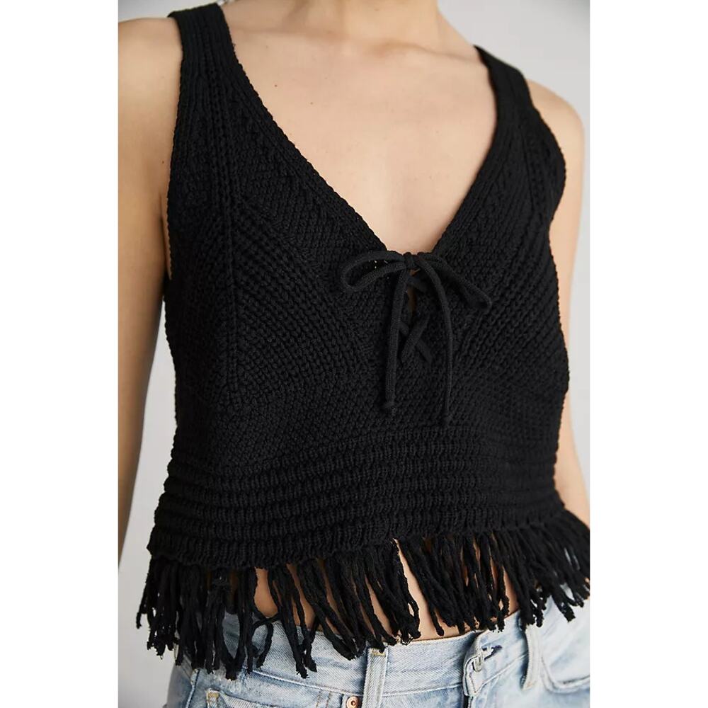 Pilcro by Anthropologie Sleeveless Fringed Sweater Tank Black Women's Small NWT
